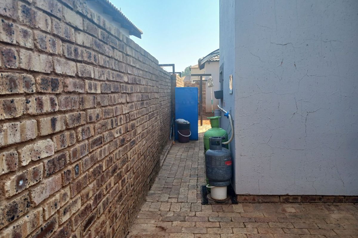A narrow side passage of the townhouse featuring paved flooring, a brick boundary wall, and external utility connections.