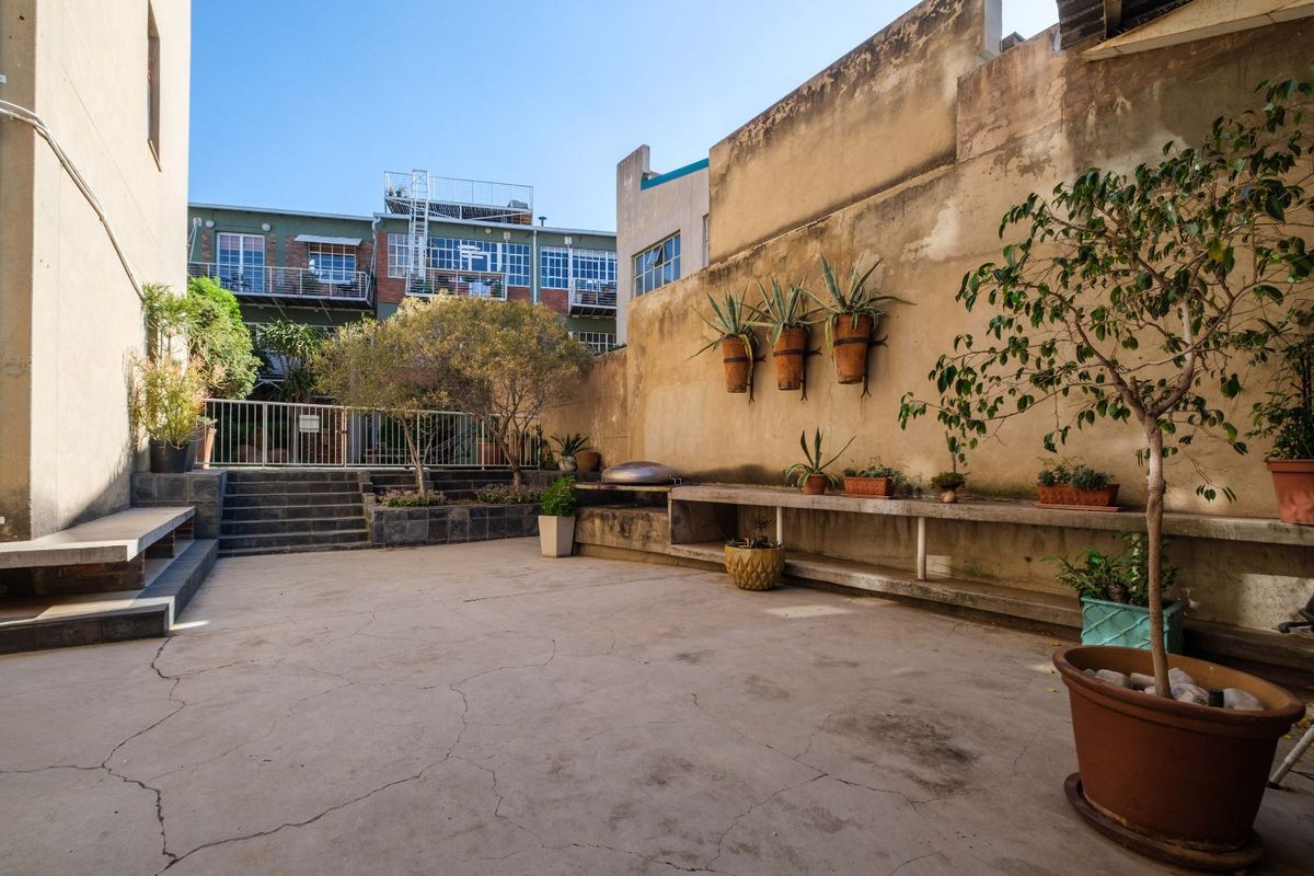 An outdoor courtyard area featuring a built-in concrete bench, raised steps, and a high boundary wall, offering a private urban outdoor space.