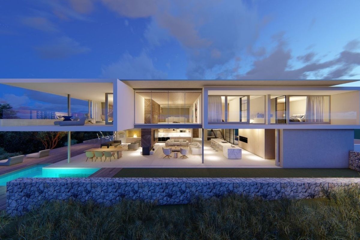 A modern architectural rendering of a luxury residence featuring an open-plan living area, swimming pool, and expansive outdoor patio space at dusk.