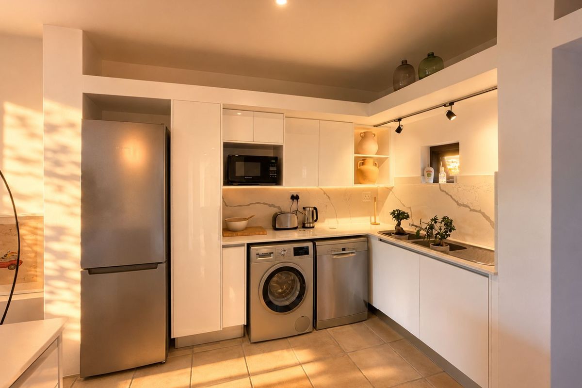 Modern kitchen featuring white cabinetry, stone-look countertops, integrated lighting, and built-in appliances including a washing machine and dishwasher.