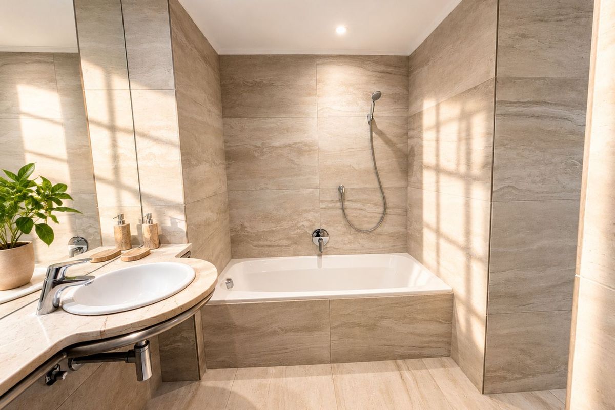 Modern bathroom featuring neutral stone-look wall and floor tiles, a built-in bathtub with handheld shower, and a vanity with a basin.