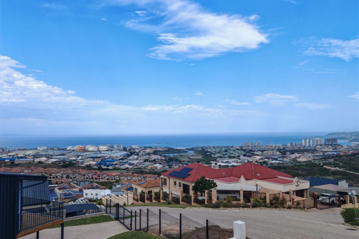 Elevated aerial view overlooking a residential neighborhood with coastal scenery and distant ocean views.