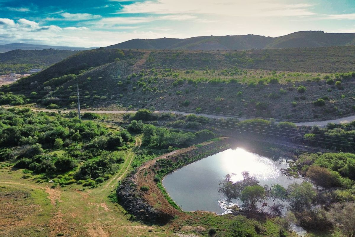 An aerial view of a vacant residential land plot featuring a natural pond, surrounding vegetation, and rolling hills in the distance.