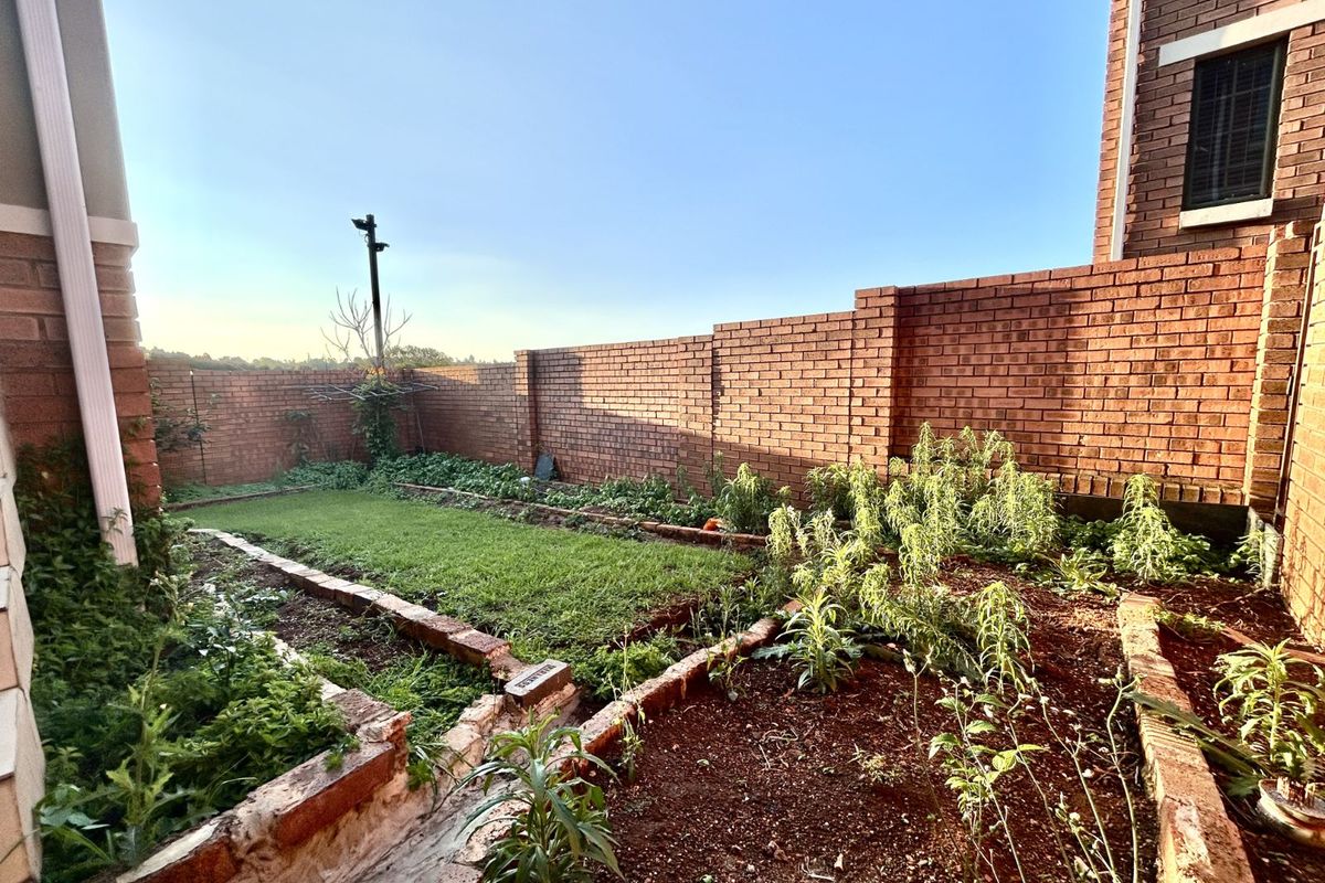 A private rear garden area featuring brick boundary walls, established garden beds with brick borders, and a small lawn section.