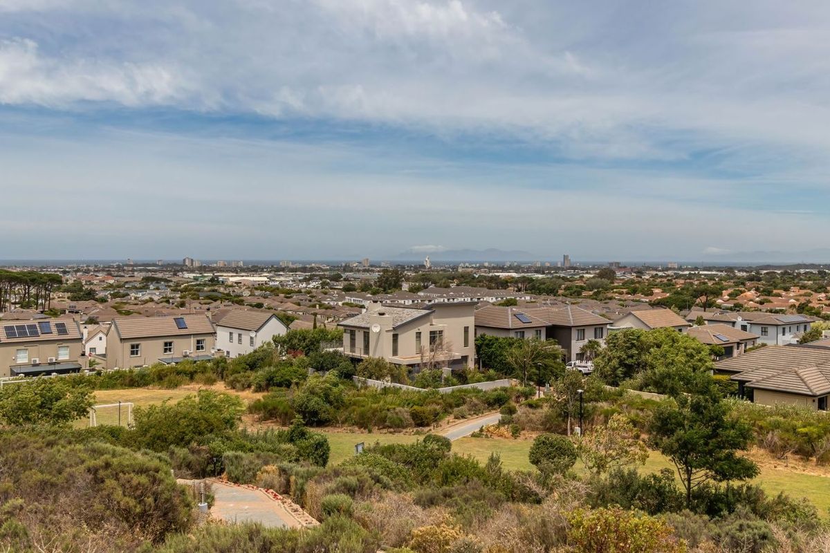 Elevated aerial view overlooking a residential neighborhood with landscaped green spaces and distant city skyline.