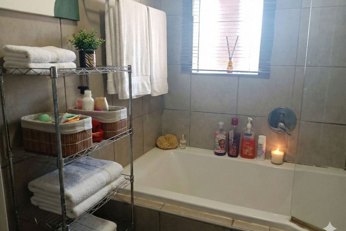 A functional bathroom featuring a built-in bathtub with a shower mixer, tiled walls, and a window with fitted blinds.