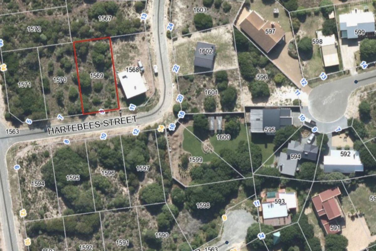 Aerial view of a vacant residential plot located on Hartebees Street, featuring natural vegetation and established surrounding neighborhood infrastructure.