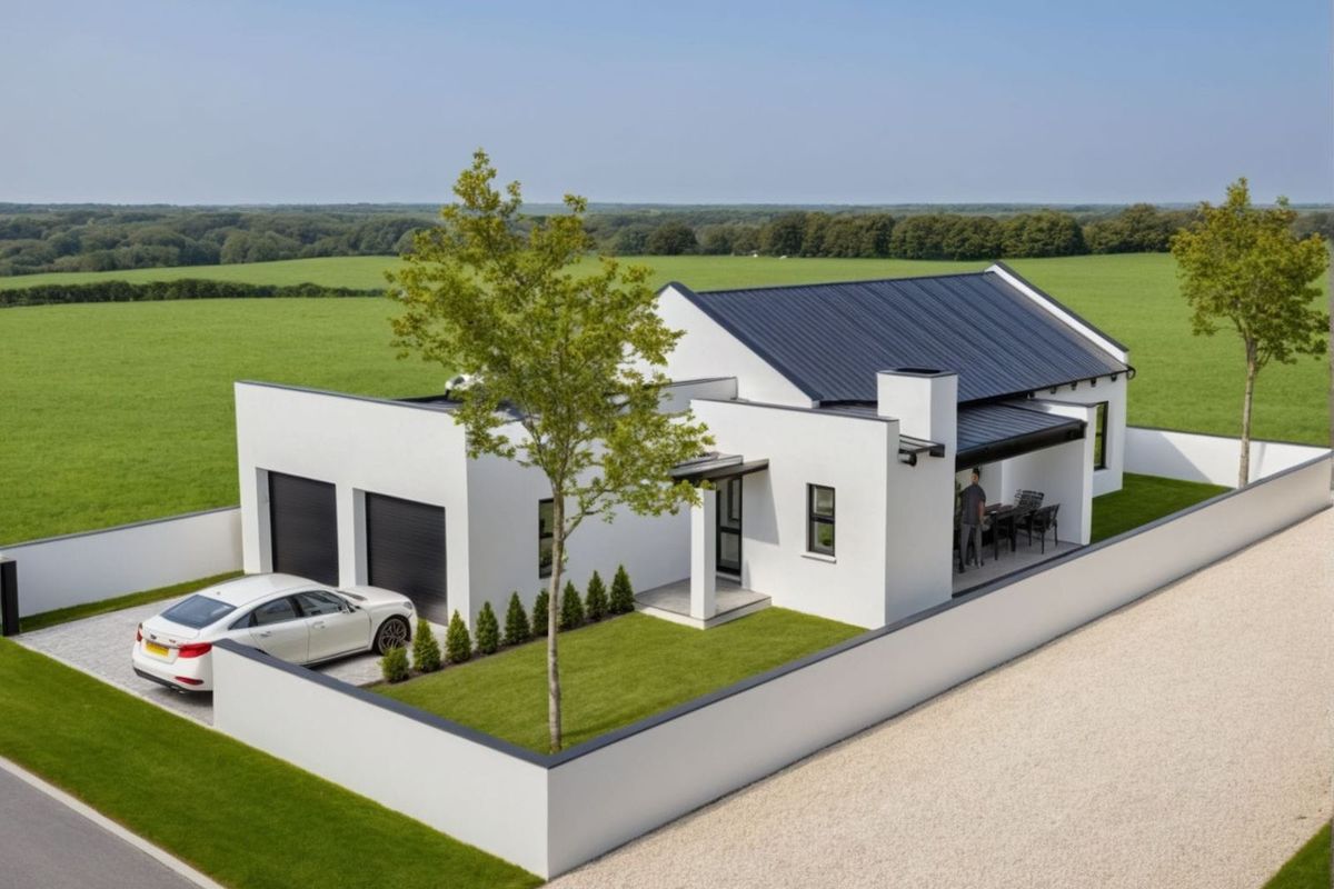 Aerial view of a modern single-story house featuring a white facade, dark metal roof, double garage, and a covered patio overlooking open green fields.