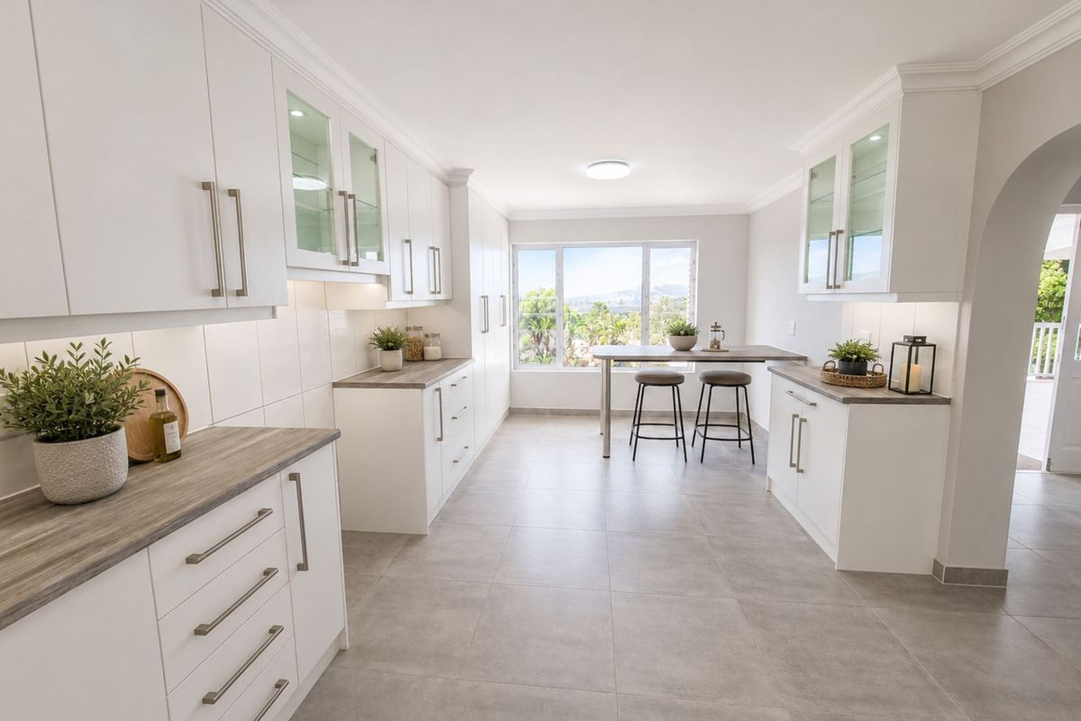 Modern, bright kitchen featuring white cabinetry, wood-look countertops, tiled flooring, and a large window with scenic views.