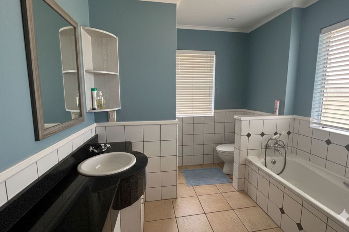 A functional bathroom featuring a black granite vanity top, built-in bathtub, toilet, and tiled wall accents with blue painted upper walls.