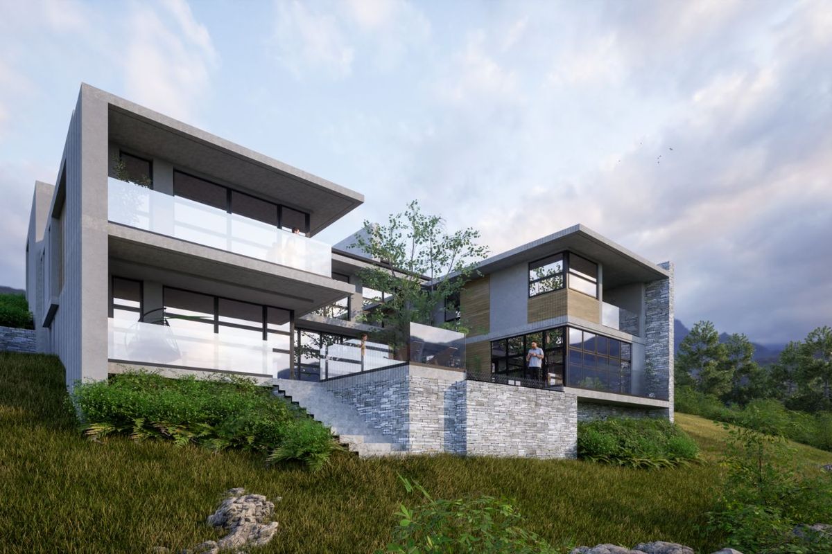 A modern architectural rendering of a multi-level residential property featuring stone cladding, glass balconies, and expansive windows set on a sloped landscape.