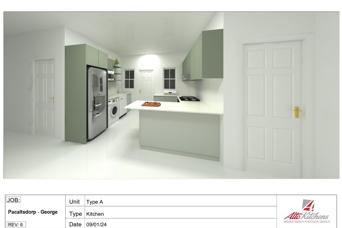 A 3D architectural render of a modern kitchen design featuring sage green cabinetry, integrated appliances, and a breakfast bar layout.