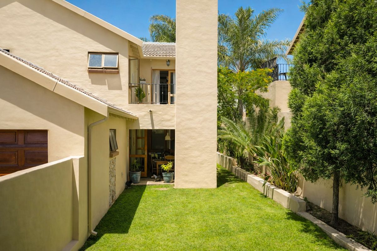 Rear view of the house featuring a private garden, lawn area, and a balcony accessible from the upper level.