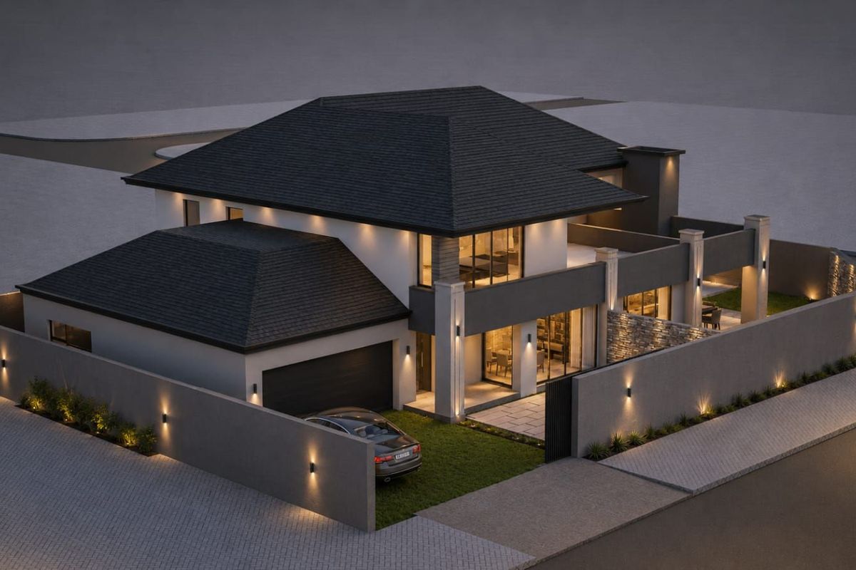 A high-quality architectural rendering of a modern residential property featuring a contemporary facade, perimeter wall, and integrated exterior lighting.