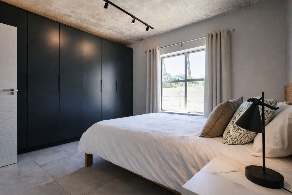Modern bedroom featuring large built-in matte black wardrobes, tiled flooring, and a raw concrete-style ceiling with track lighting.