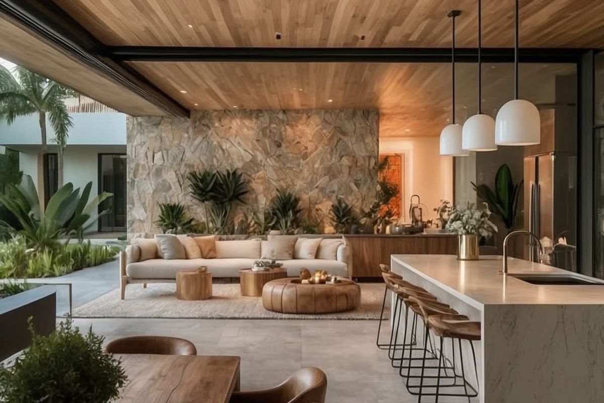 A sophisticated open-plan living and kitchen area featuring a stone feature wall, timber ceiling, and seamless indoor-outdoor flow to the patio.
