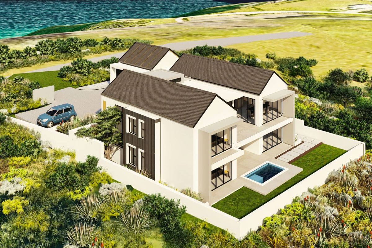 An aerial view of a modern two-story residential property featuring a swimming pool, landscaped garden, and paved driveway.