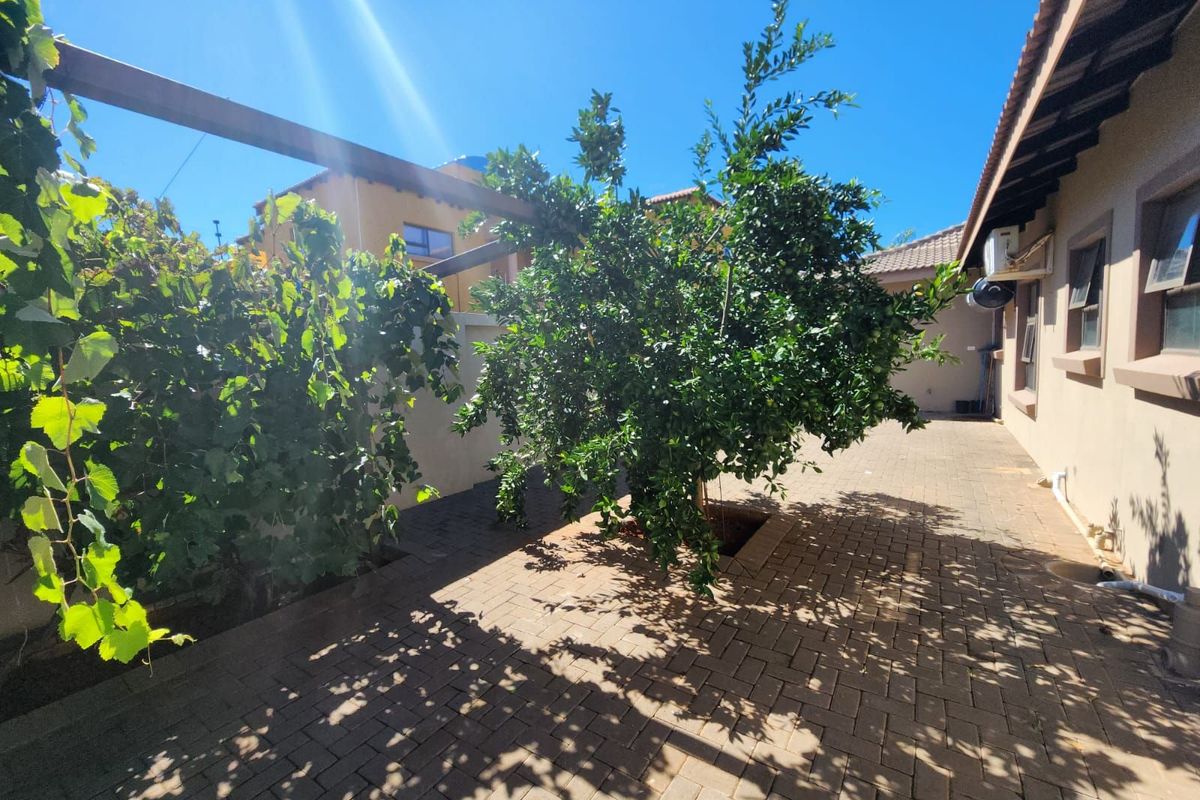 A paved side courtyard area featuring established greenery, including a mature tree and vine, adjacent to the main house structure.