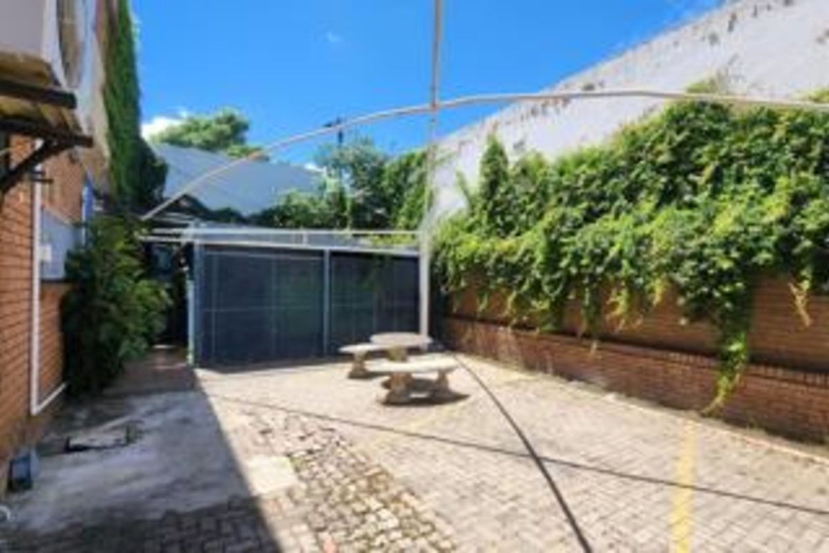 Outdoor courtyard area featuring paved flooring, brick boundary walls with climbing greenery, and a metal frame structure.
