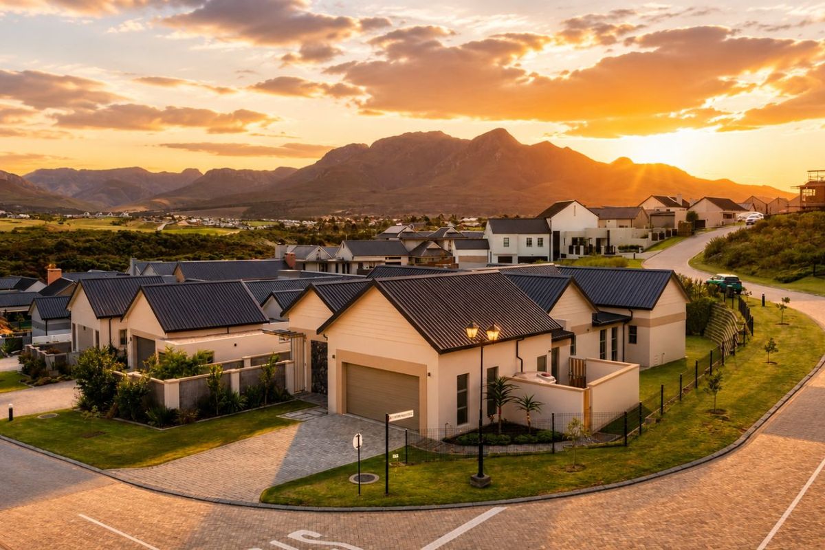 An elevated aerial view of a modern residential estate featuring contemporary homes with dark metal roofs, paved driveways, and scenic mountain views at sunset.
