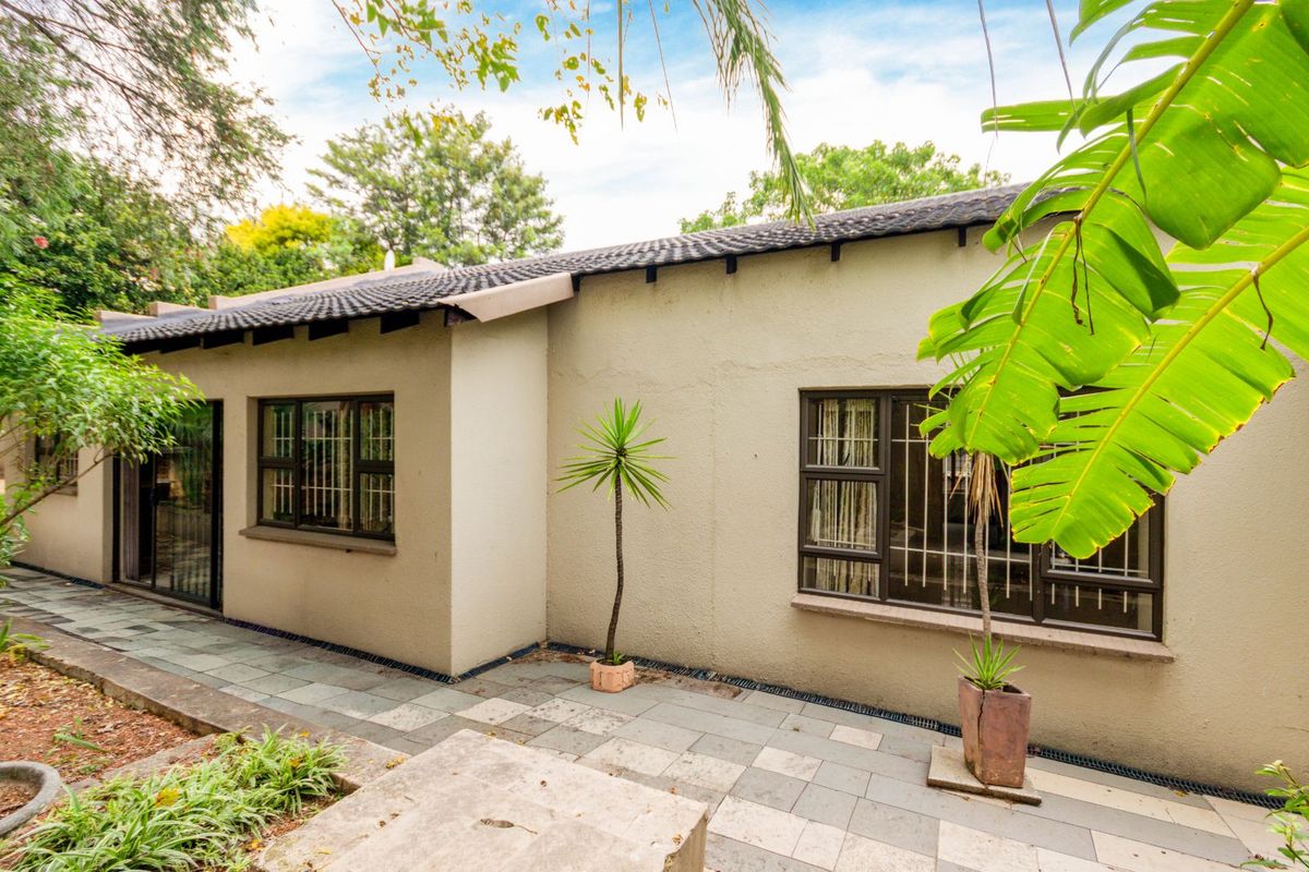 Rear exterior view of the house featuring a paved patio area, tiled roof, and dark-framed windows with security bars.
