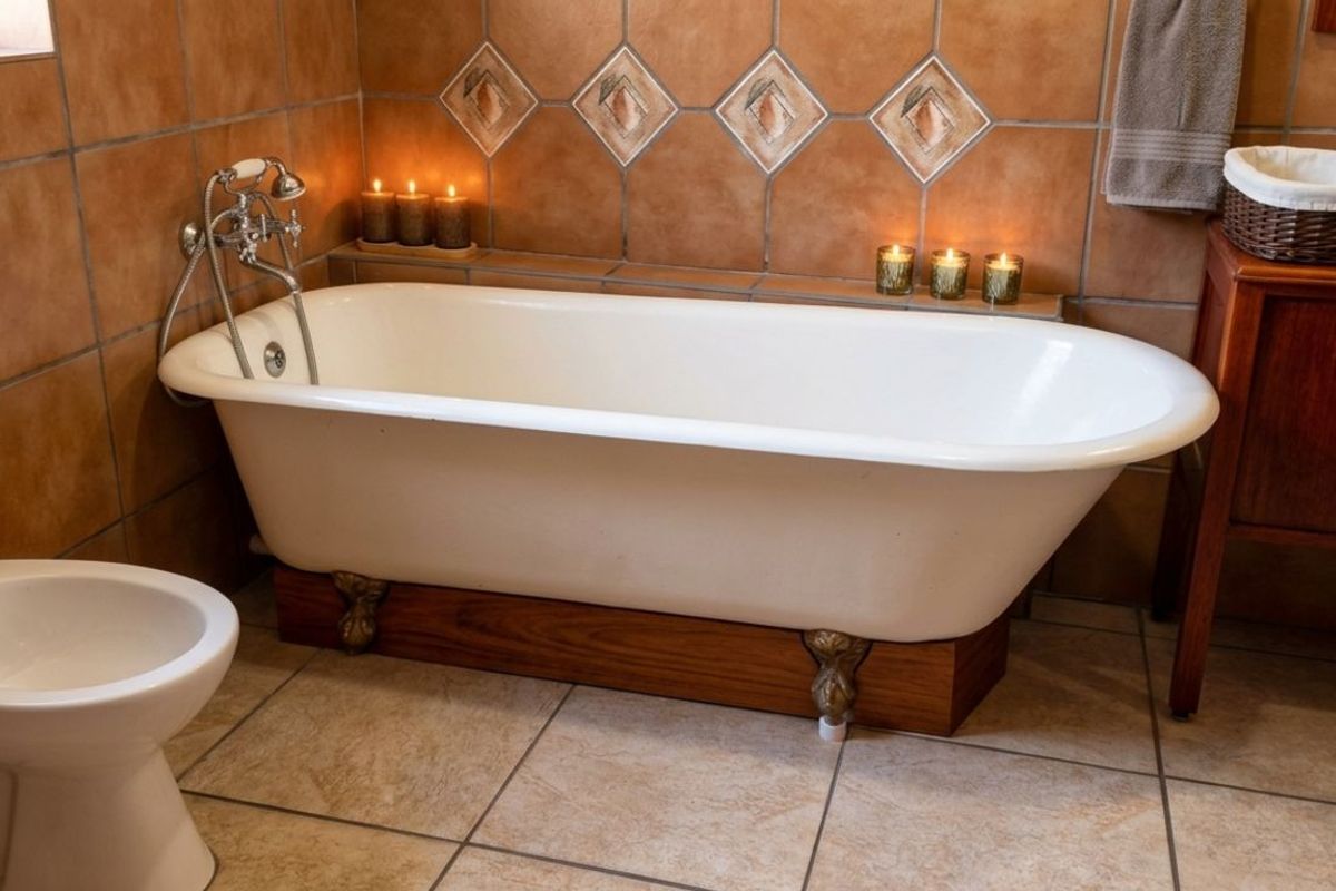 A classic bathroom featuring a clawfoot bathtub, bidet, and a wooden vanity with a vessel sink, finished with warm-toned ceramic wall and floor tiles.