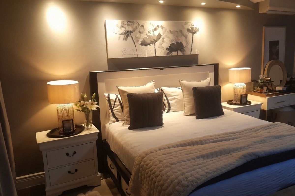 A well-appointed bedroom featuring a recessed ceiling bulkhead with integrated downlighting and a wall-mounted air conditioning unit.