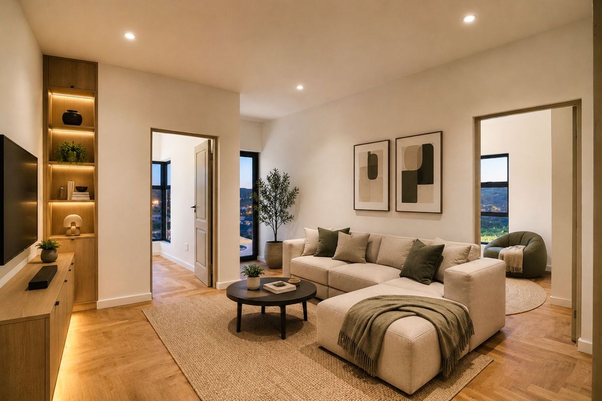 A modern, well-lit living room featuring herringbone timber flooring, built-in cabinetry with integrated lighting, and direct access to adjacent rooms.