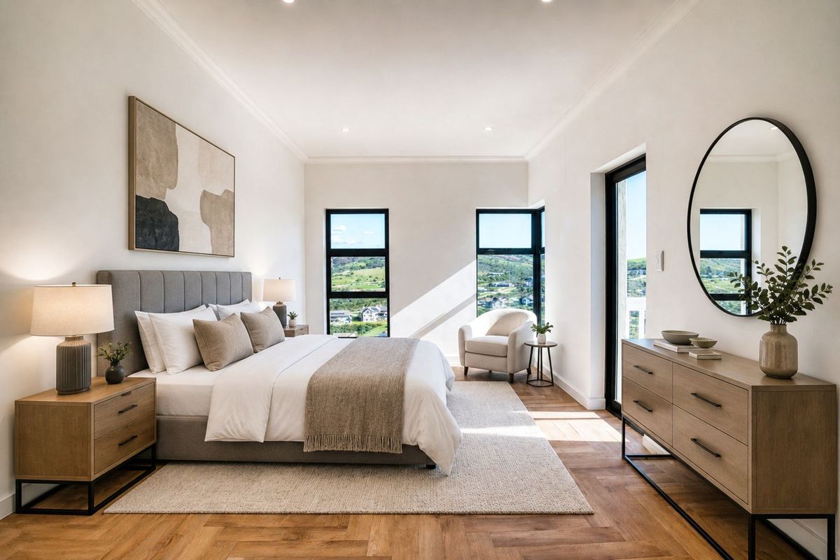 A bright, modern bedroom featuring high-quality herringbone timber flooring, large black-framed windows, and direct access to an outdoor balcony with scenic views.