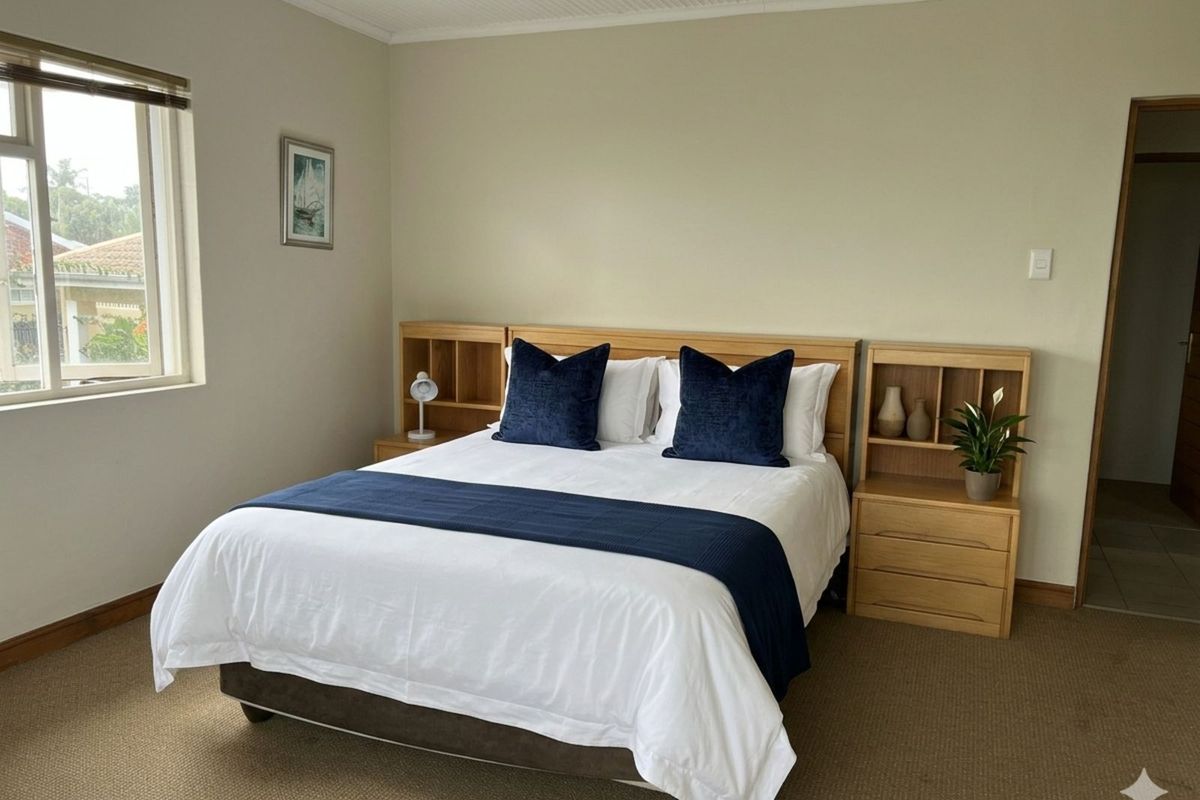 A well-lit bedroom featuring neutral wall tones, carpeted flooring, and a built-in wooden headboard with integrated bedside storage units.
