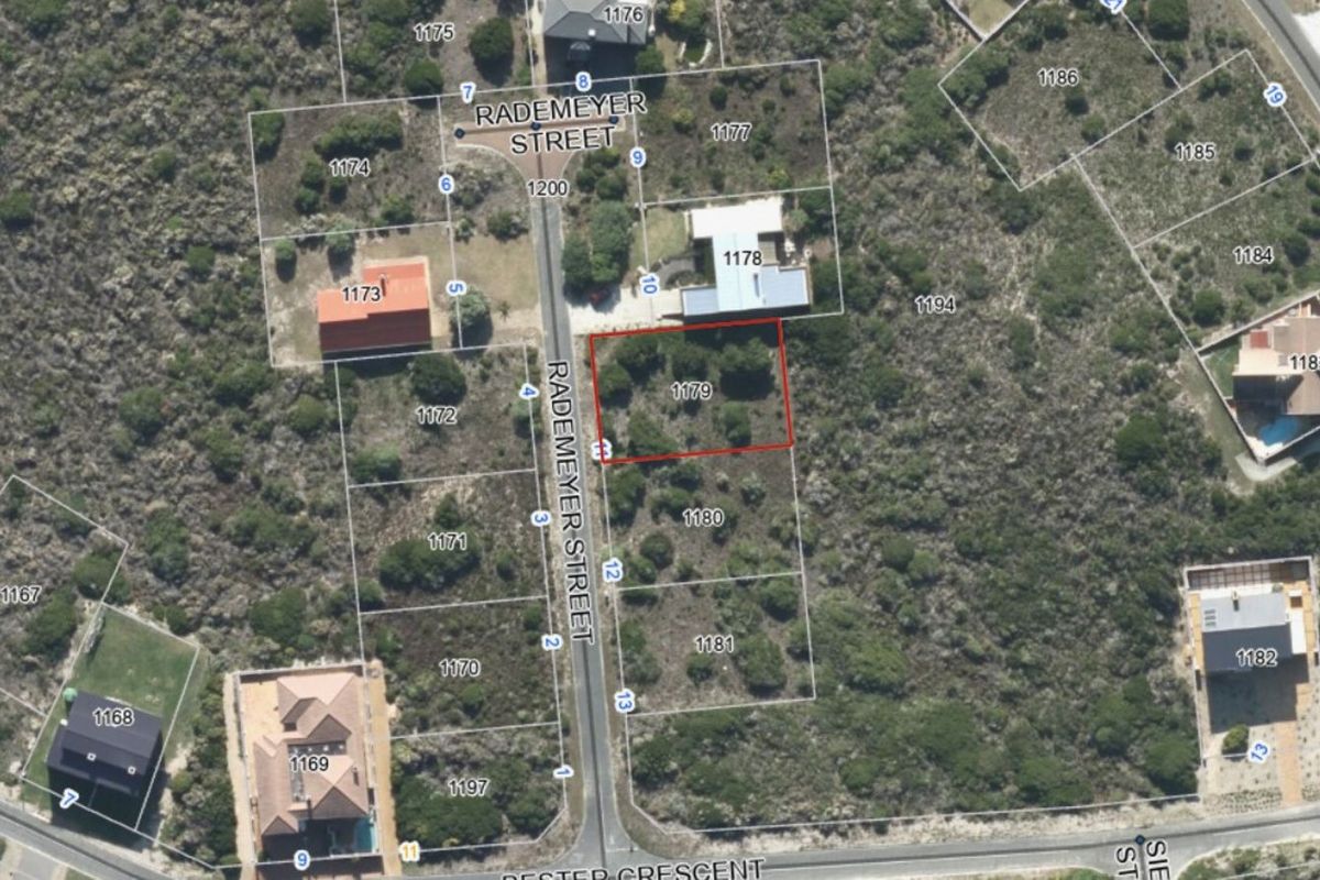 Aerial view of vacant residential plot 1179 located on Rademeyer Street, featuring natural vegetation and established boundaries.
