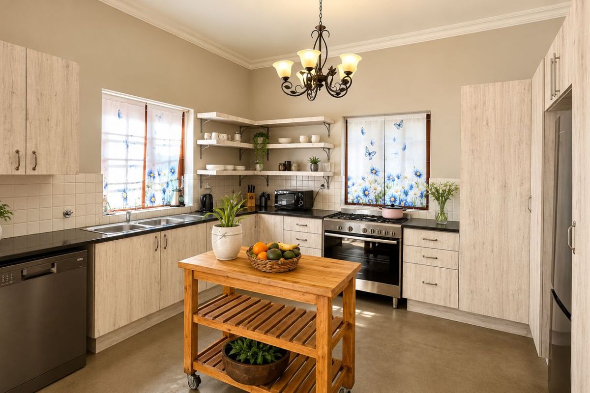 A well-maintained kitchen featuring light wood-grain cabinetry, black countertops, open shelving, a built-in oven with gas hob, and a double stainless steel sink.