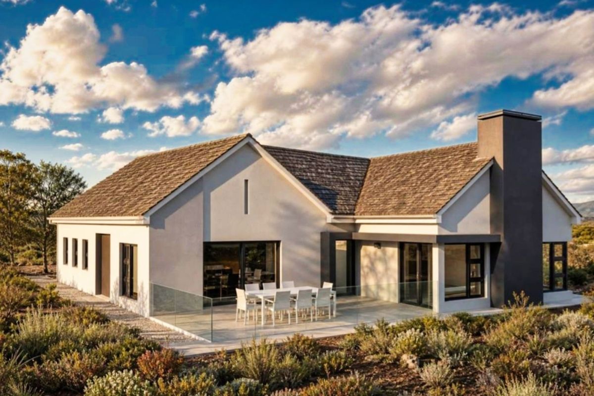 A modern rear exterior view of the house featuring a spacious patio, glass balustrades, and a prominent chimney stack set against a natural landscape.