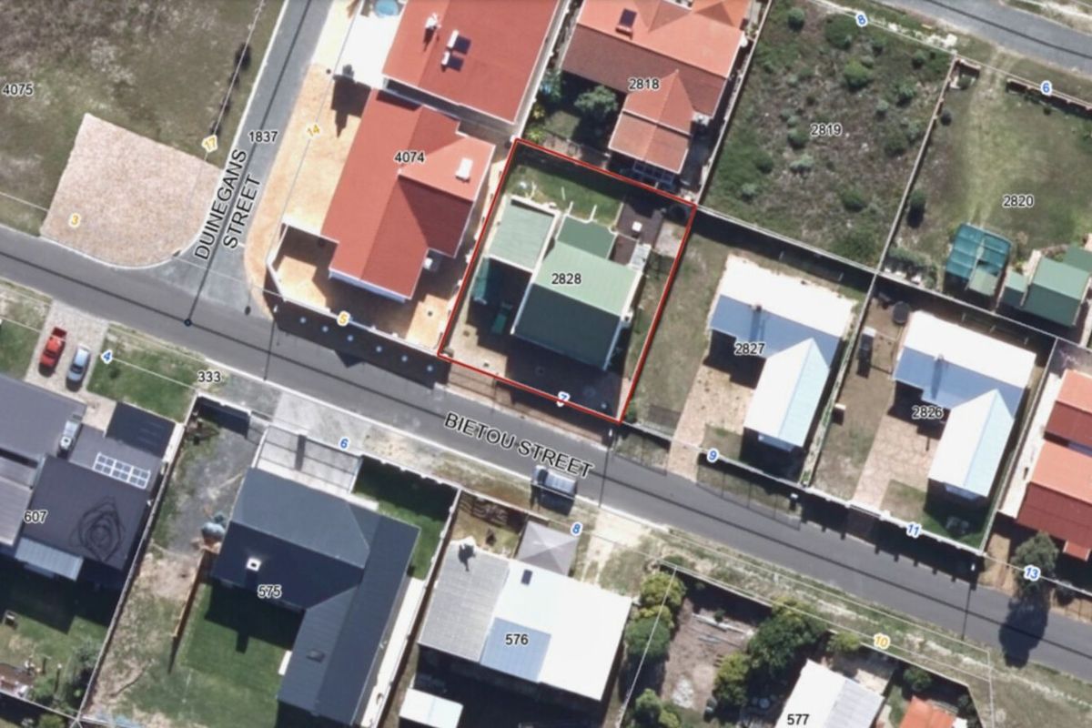 An aerial view of the property located at 2828 Bietou Street, showing the house footprint, roof structure, and surrounding residential plot layout.