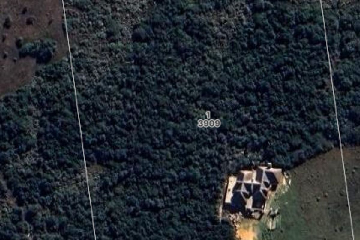 An aerial view of the property showing the house footprint situated on a large, partially wooded plot with a gravel driveway access.