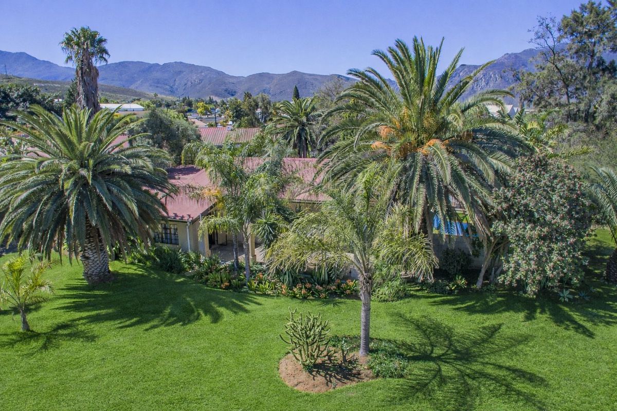 An elevated aerial view of a residential property featuring a lush green lawn, mature palm trees, and a metal roof, set against a mountain backdrop.