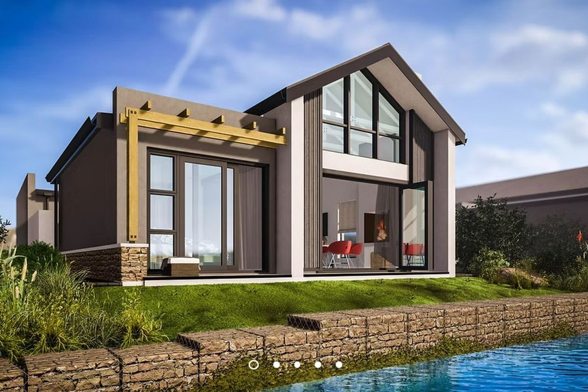 A modern architectural rendering of a residential property featuring large glass sliding doors, a timber pergola, and a pitched roof design.