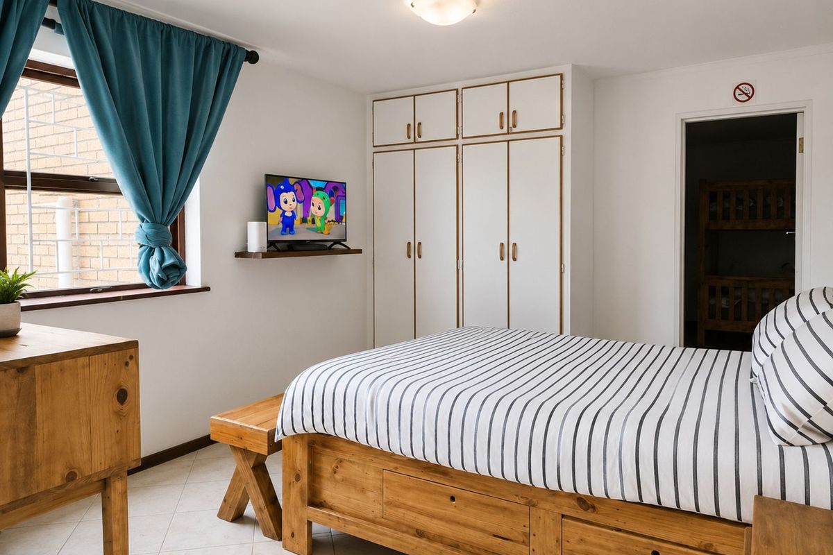 A well-maintained bedroom featuring built-in white cabinetry, tiled flooring, and a window with natural light.