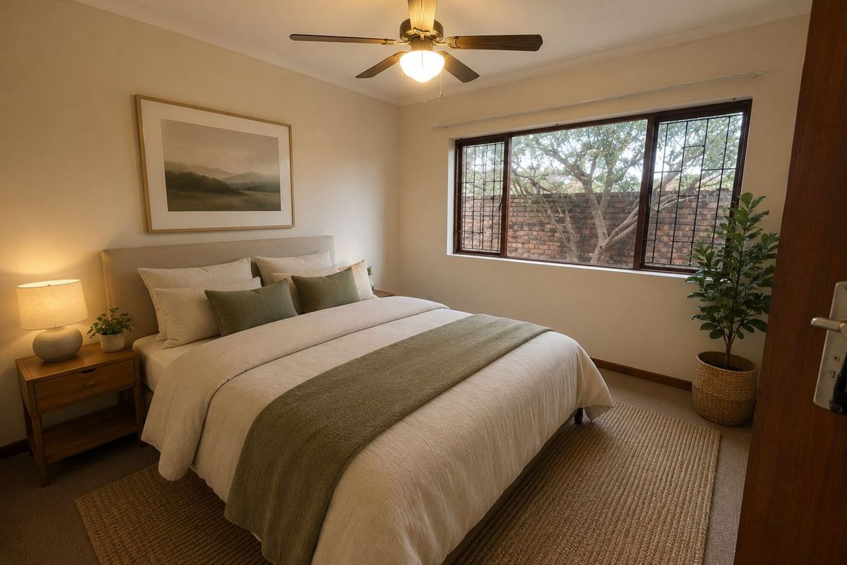 A well-maintained bedroom featuring a ceiling fan, neutral carpeting, and a large window with security bars overlooking the garden.