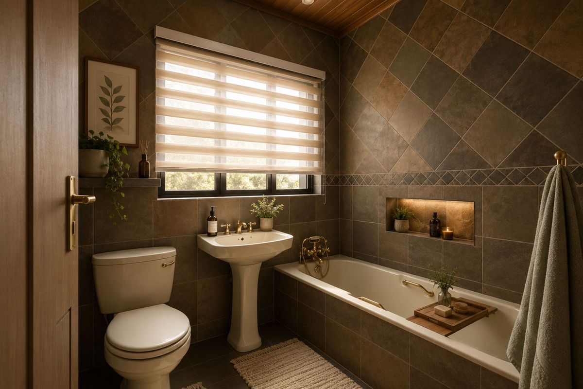 A well-appointed bathroom featuring a pedestal sink, a bathtub with brass fixtures, recessed wall niche lighting, and elegant dark stone-look wall tiling.