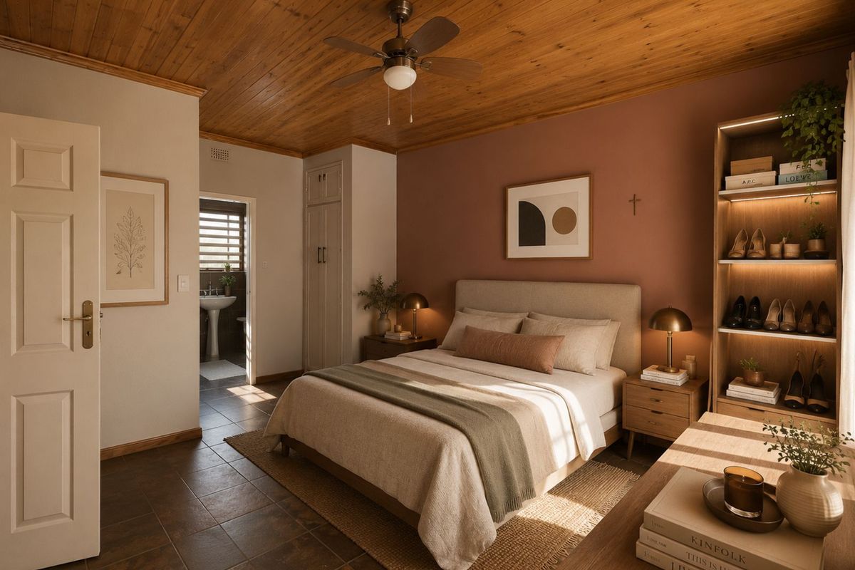 A cozy bedroom featuring a warm terracotta accent wall, timber-clad ceiling, tiled flooring, and an adjoining en-suite bathroom with a pedestal basin.