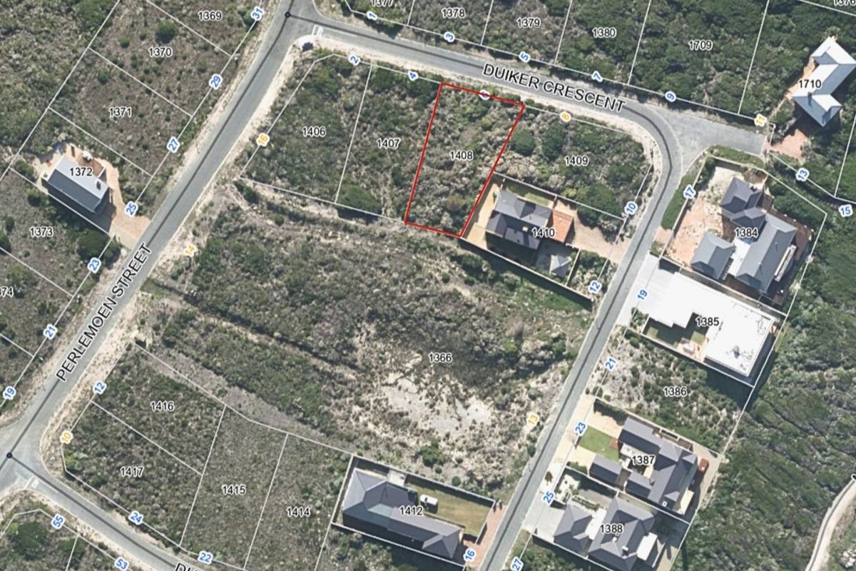 An aerial view of a vacant residential plot located on Duiker Crescent, highlighting the property boundaries and surrounding neighborhood layout.