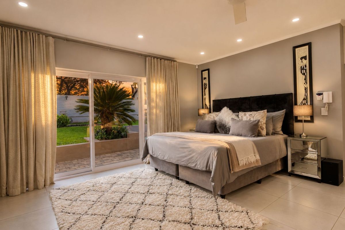 Spacious bedroom featuring tiled flooring, recessed ceiling lighting, and large sliding glass doors providing direct access to the garden area.