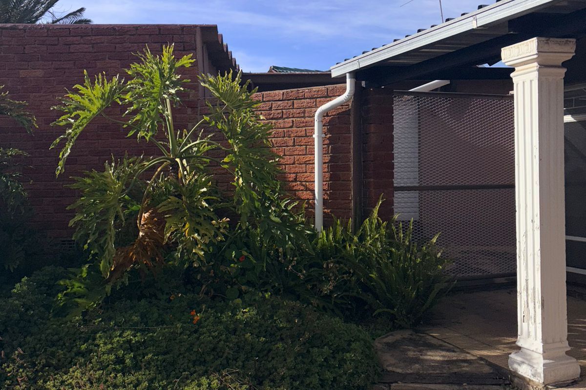 A rear outdoor area featuring a paved patio, a covered walkway with a decorative column, and established garden beds against a brick wall.