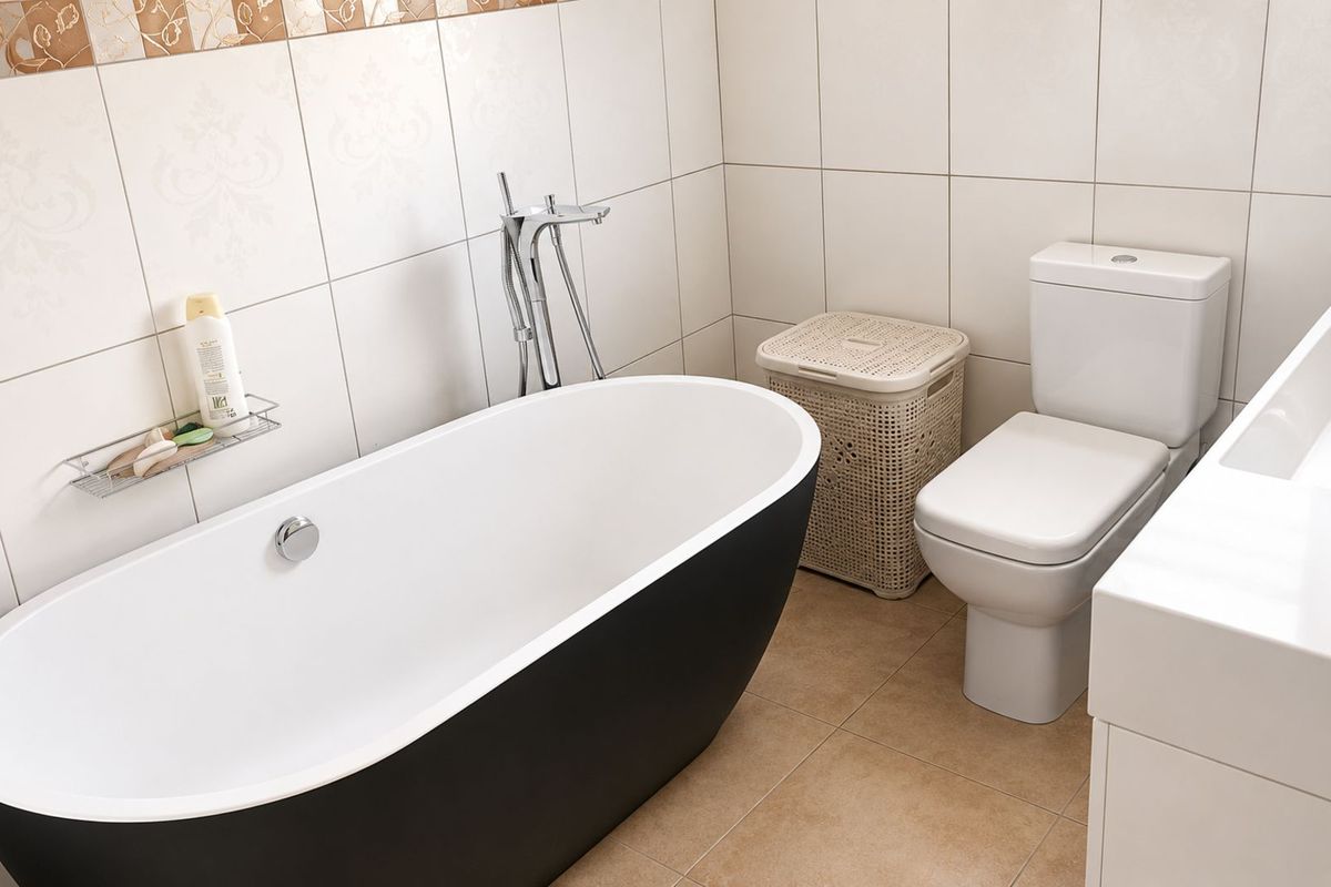 Modern bathroom featuring a sleek freestanding black and white bathtub, a contemporary toilet, and neutral wall tiling.