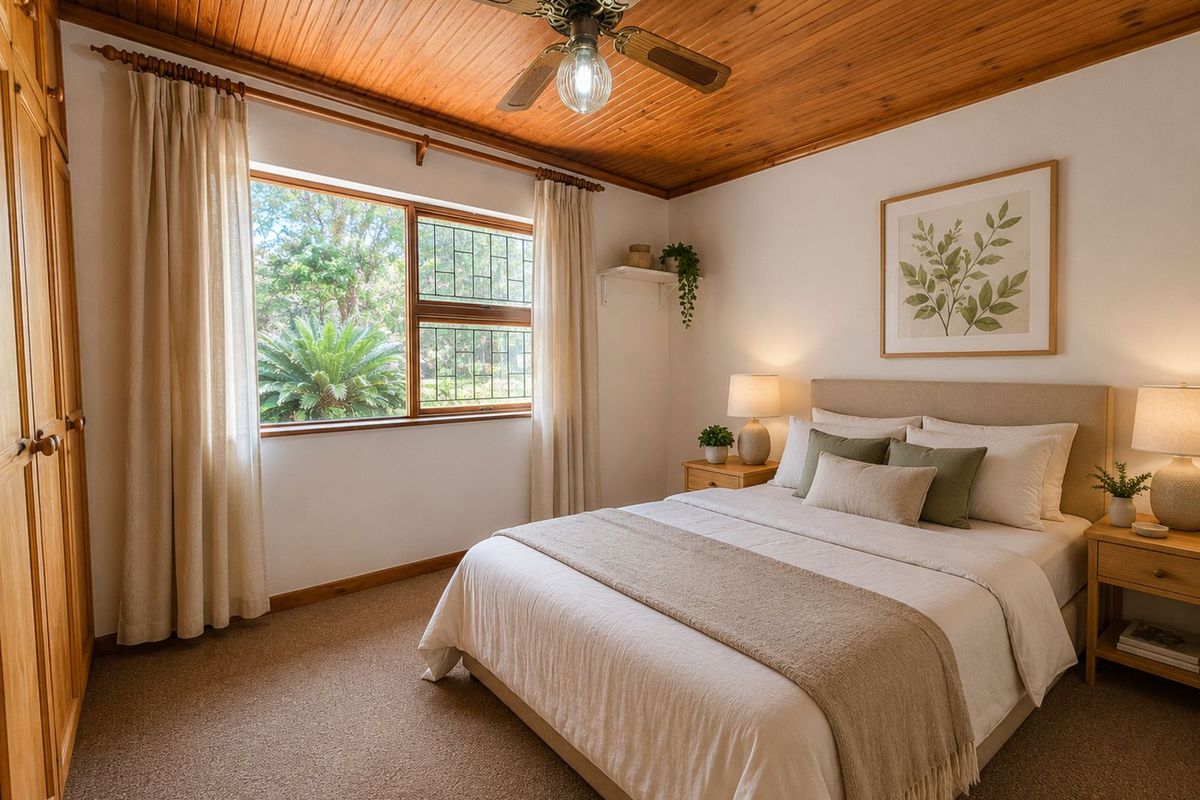 A cozy bedroom featuring a warm timber-paneled ceiling, a ceiling fan, built-in wooden cupboards, and carpeted flooring with natural light from the window.
