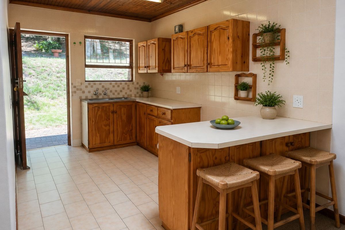 A functional kitchen featuring timber cabinetry, tiled flooring, a breakfast counter, and direct access to the rear garden area.