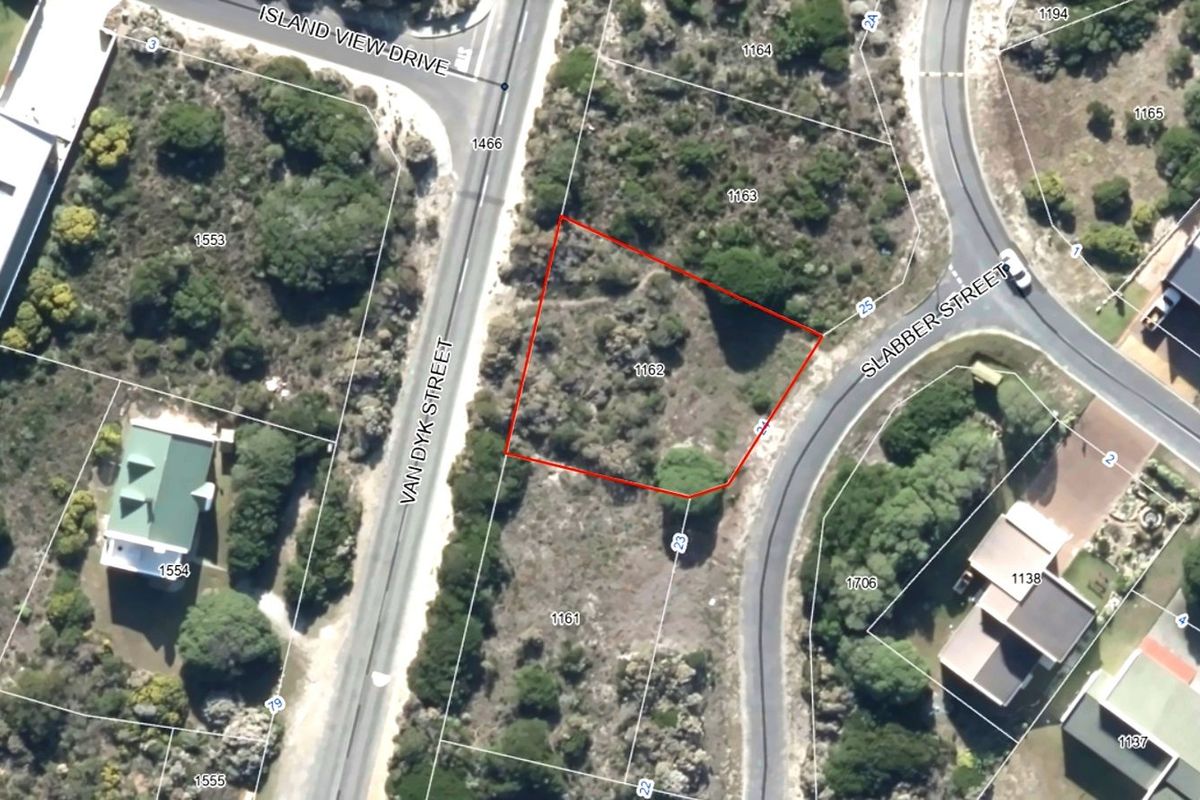 Aerial view of a vacant residential plot located at the corner of Van Dyk Street and Slabber Street, featuring natural vegetation.