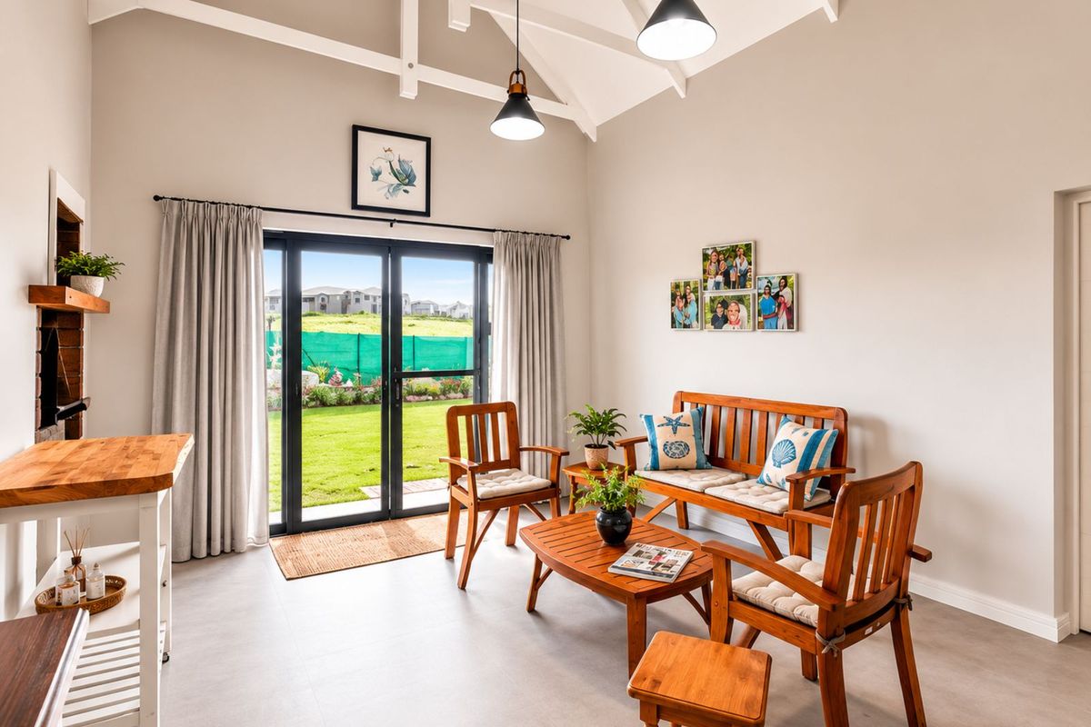 Bright living room featuring vaulted ceilings, exposed beams, tiled flooring, and sliding glass doors providing direct access to the rear garden.