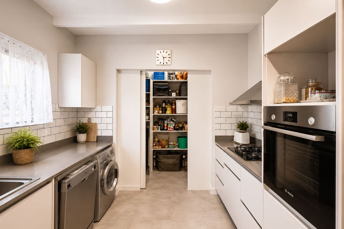 Modern kitchen featuring sleek cabinetry, subway tile backsplash, built-in oven, gas hob, extractor fan, and a convenient walk-in pantry.
